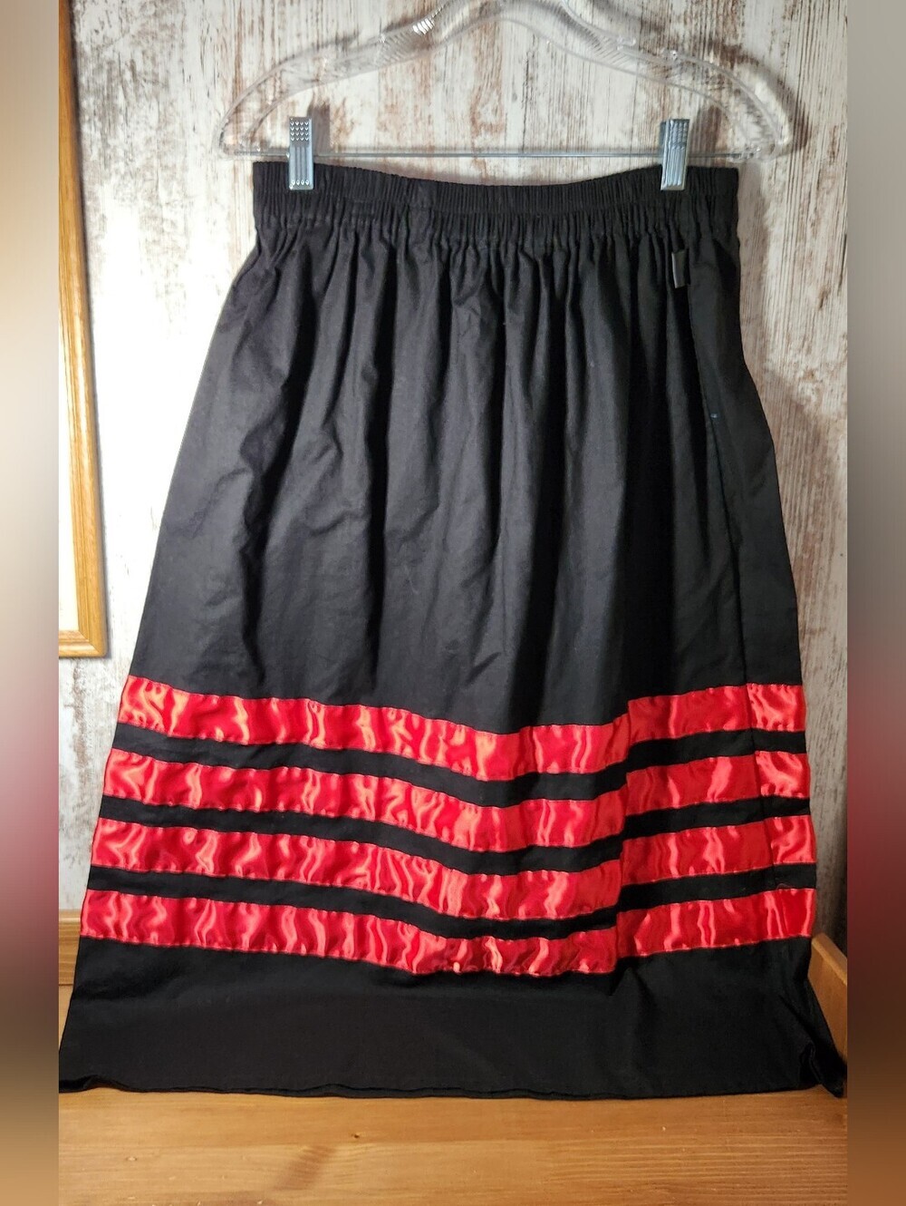 Native American Handmade Black Ribbon Skirt with Red Satin Stripe Detail Pow Wow
